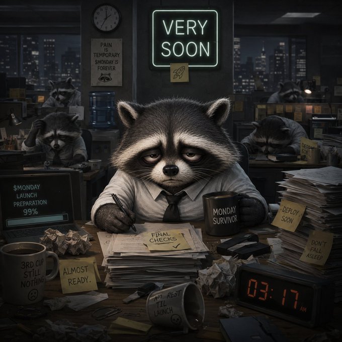 An AI-generated illustration depicts a tired-looking raccoon dressed in office attire working at a cluttered desk at 3:17 AM, surrounded by multiple other raccoons also working late, with sticky notes reading 'VERY SOON', 'MONDAY LAUNCH PREPARATION 99%', and 'MONDAY SURVIVOR'.