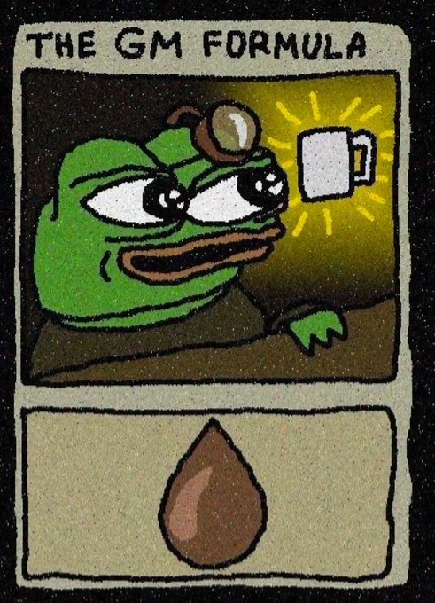 A cartoon card titled 'THE GM FORMULA' shows a green Pepe-style frog wearing a miner's headlamp, gazing longingly at a glowing coffee mug, with a brown droplet (likely coffee) pictured in the lower frame.