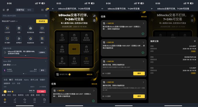 Four screenshots of the Binance app showing the bStocks trading promotion with a 7×24h exchange event, featuring SPCXB/USDT as a highlighted trading pair with a $1000 USDT threshold, accompanied by a task list with rewards ranging from 1.8 to 1888 USDT and a withdrawal record showing 1.8 USDT already received.