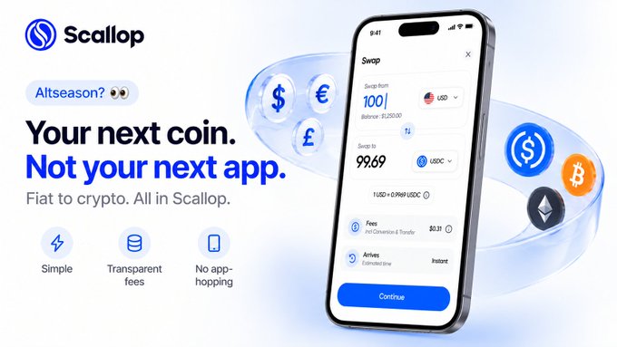 A promotional advertisement for 'Scallop' crypto exchange app with the tagline 'Your next coin. Not your next app.' showing a fiat to crypto swap interface.