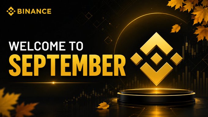 A Binance promotional banner with the text 'WELCOME TO SEPTEMBER' alongside the Binance logo and golden maple leaves on a dark background.