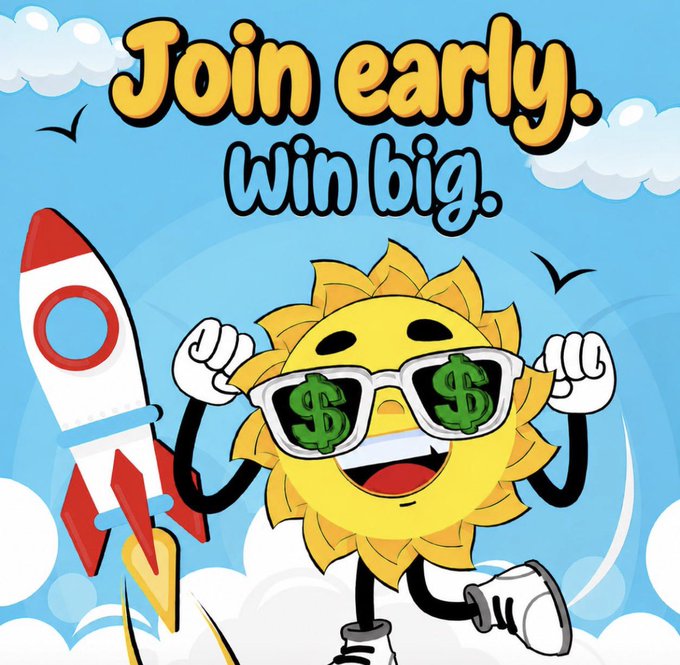 A cheerful cartoon sun wearing dollar-sign sunglasses stands next to a launching rocket under the bold text "Join early. win big."—a vibrant visual matching the post's promotional giveaway for 20 SOL to 5 winners, using the rocket and money-themed imagery to hype potential gains reminiscent of the $ANSEM memecoin hype.