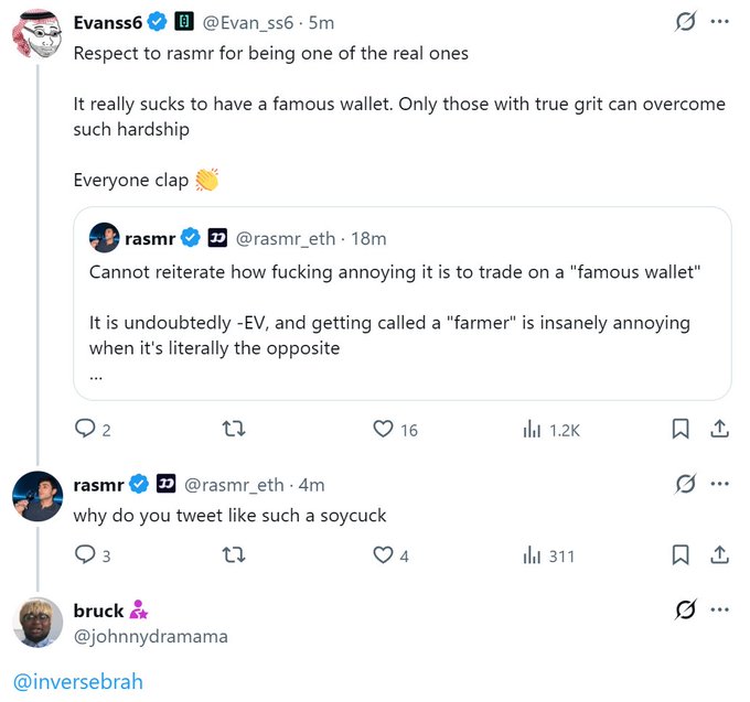 A Twitter thread from Evanss6 sarcastically commends @rasmr_eth for being 'one of the real ones' and overcoming the hardship of a 'famous wallet,' while rasmr replies, 'why do you tweet like such a soycuck.'