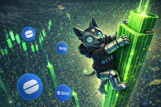 An animated robotic cat character wearing a hoodie with "BYTE" printed on it climbs a towering green bullish candlestick chart, with floating blue tokens labeled "BASE" visible in the background. The image visually represents the post's bullish sentiment toward $BYTE, using the mascot and ascending green candles to reinforce the positive market outlook.