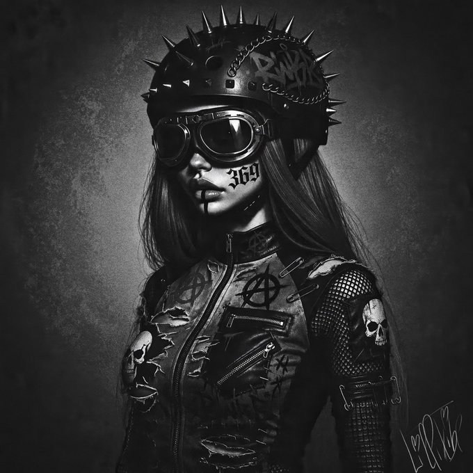 Black-and-white portrait of a woman wearing a spiked helmet, goggles, and a leather jacket with skull motifs, with "369" tattooed on her cheek.