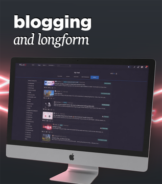 A computer monitor displays a website with the text 'blogging and longform' above it.