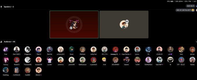 A Dota 2 hero selection/draft screen showing “Speakers ×2” and “Audience ×40,” with two chosen hero portraits in the center and a roster of player names and hero icons below. Performance stats at the top include “FPS N/A,” “GPU 21%,” and “CPU 7%,” with a “ddstr.do.lol” timer and “H?4E SAY BLA7Z” banner.