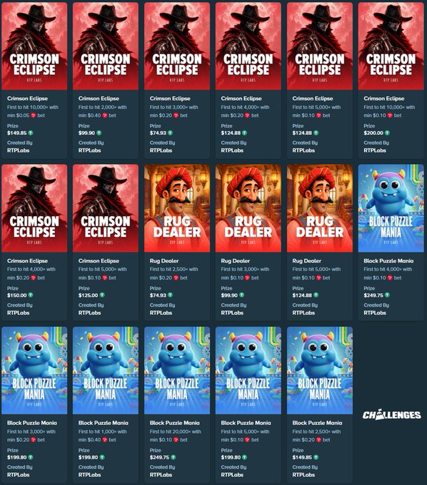 A screenshot of a challenge or marketplace page from 'CHALLENGES' showing multiple NFT games including 'CRIMSON ECLIPSE', 'RUG DEALER', and 'BLOCK PUZZLE MANIA' created by 'RTPLabs'.