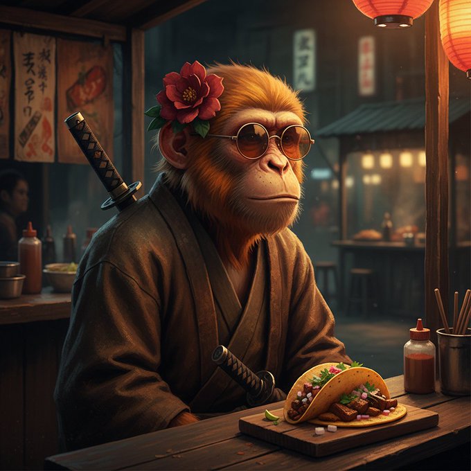Stylized illustration of a monkey/ape character wearing sunglasses, a kimono, and a red flower in its hair, with a katana at its side, sitting at a wooden counter with tacos and condiments, with Japanese signage and red lanterns in the background.