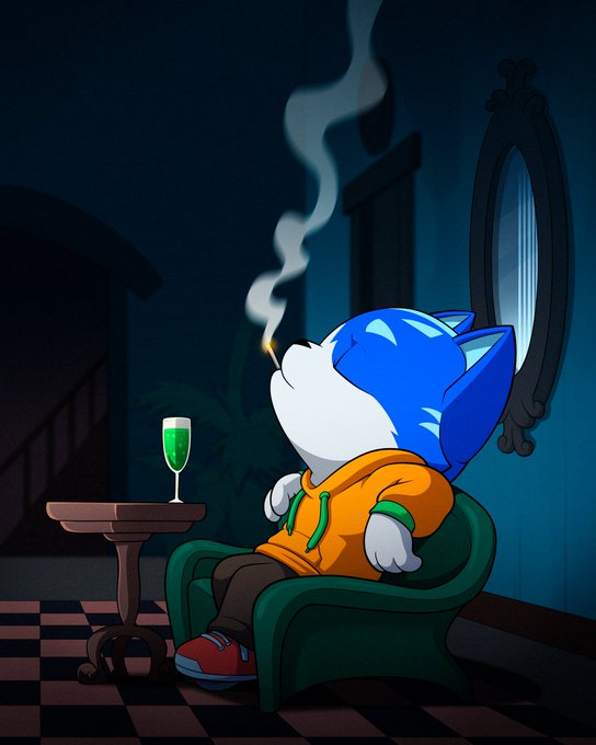 A digital illustration shows a blue and white cartoon hedgehog-like character wearing an orange hoodie, lounging in a green armchair while smoking and holding a champagne flute.