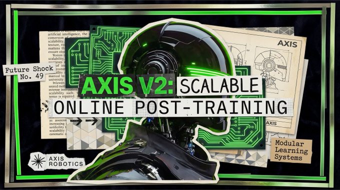A promotional graphic for AXIS V2: Scalable Online Post-Training by AXIS ROBOTICS, featuring Future Show No. 49 and Modular Learning Systems with a robotic silhouette on a green circuit board background.
