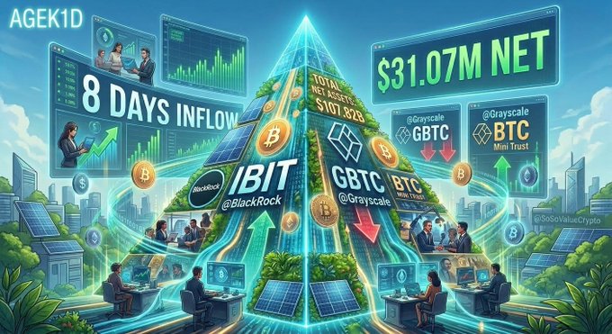 A digital graphic showing various Bitcoin-related information panels including "8 DAYS INFLOW," "IBIT @BlackRock," "GBTC @Grayscale," and "BTC Mini Trust," with a prominent display of "$31.07M NET." The top left corner has the text "AGEK1D" and the bottom right includes "@SoSoValueCrypto."