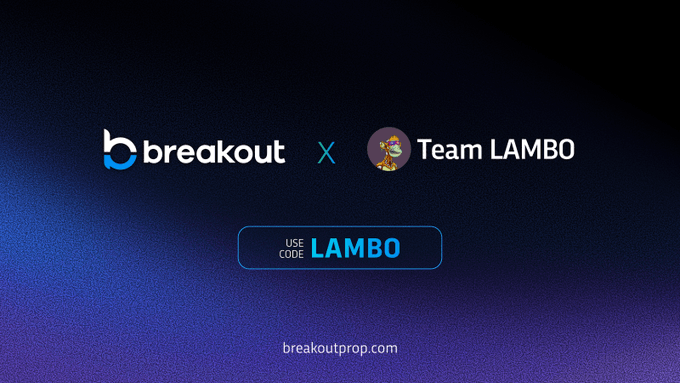 A promotional graphic for breakoutprop.com displays a partnership logo with 'Team LAMBO' and a 'USE CODE LAMBO' button.