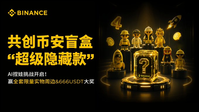 The image features a poster for Binance, which is an Asian cryptocurrency exchange platform. The poster showcases a gold-colored cube with a question mark inside of it, surrounded by various figurines representing different cryptocurrencies. The text on the poster includes Chinese characters that translate to "Binance" and "binance", as well as the numbers "6668USDT". The overall design is visually appealing and highlights the platform's offerings in an eye-catching manner.