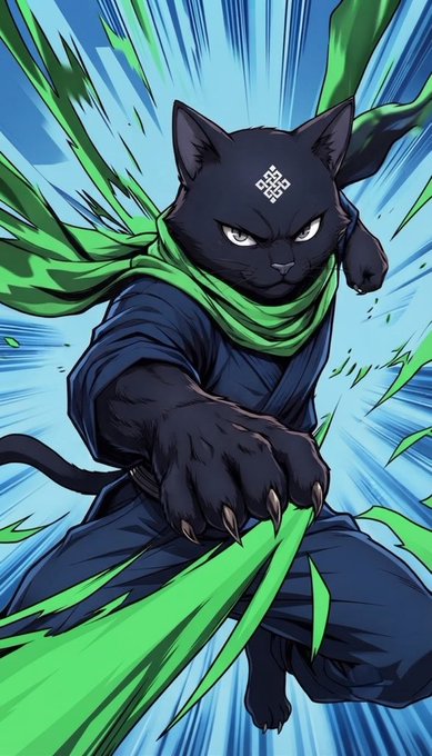 An anime-style illustration of a black cat with glowing eyes, wearing a green scarf and blue outfit, extending its claws amid dynamic green energy streaks.