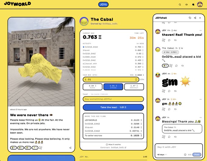 A screenshot of a webpage called 'JOYWORLD' displaying an NFT listing titled 'The Cabal' with a current bid of '0.763 Ξ' (ETH), alongside a JOYchat sidebar and artwork of a yellow sculpture.