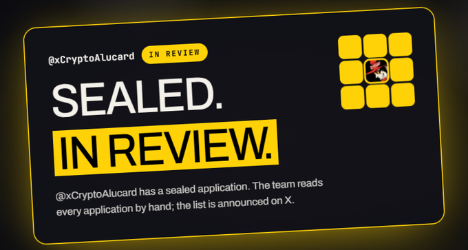 The image displays a black status card with yellow accents announcing "SEALED. IN REVIEW." for @xCryptoAlucard, with a 3x3 grid of yellow squares on the right containing a small character icon. The card notes that the application has been sealed and is being read by hand, with results posted on X. This appears to illustrate a gating mechanism similar to the encrypted NFT properties described in the accompanying post about FungoLabs' Genesis collection, where application or ownership data remains sealed/in review until manually verified before being revealed.