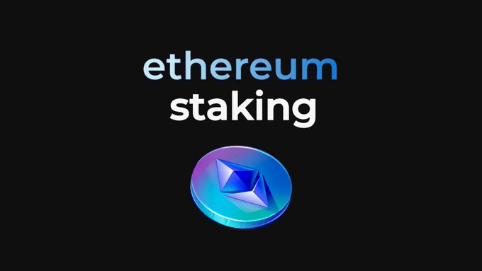 The image displays "ethereum staking" text in blue gradient lettering above a stylized 3D Ethereum (ETH) coin against a black background, visually reinforcing the post's discussion about EIP-8361's impact on Ethereum staking rewards.