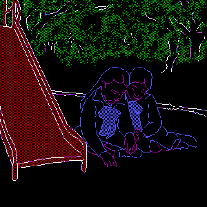 A pixel art illustration showing two figures sitting together under trees next to a red slide, rendered in a vintage retro video game style.
