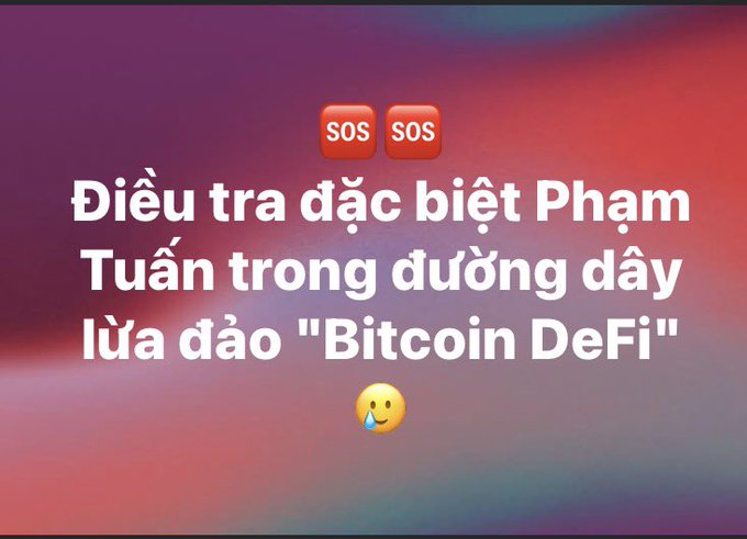 A Vietnamese social media graphic with 'SOS' emojis and text reading 'Điều tra đặc biệt Phạm Tuấn trong đường dây lừa đảo "Bitcoin DeFi"' (Special investigation of Phạm Tuấn in the 'Bitcoin DeFi' fraud ring).