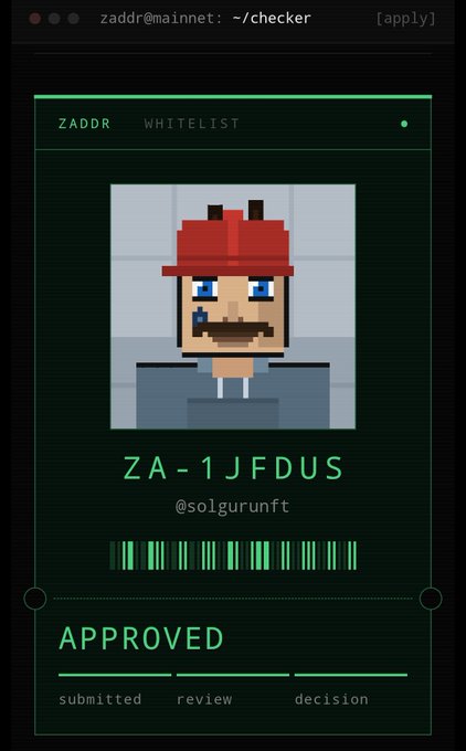 A digital 'WHITELIST' approval interface showing a pixelated character with a red hat, the text 'ZA-1JFDUS', the handle '@solgurunft', a barcode, and the status 'APPROVED'.
