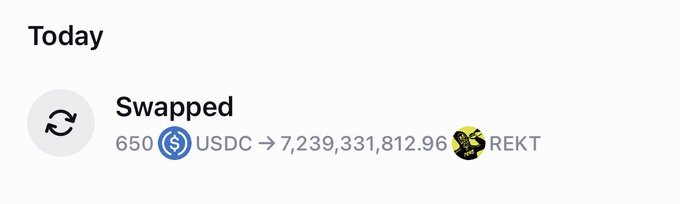 A crypto swap transaction showing 650 USDC exchanged for 7,239,331,812.96 REKT tokens, aligning with the post about purchasing $REKT with recent winnings from a PONS-related trade.
