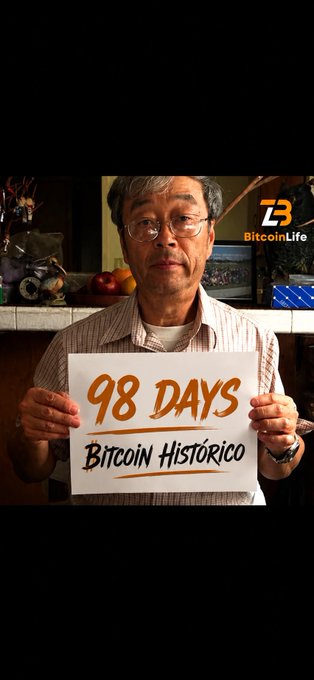 A man holds a sign reading '98 DAYS BITCOIN HISTÓRICO' with the 'BitcoinLife' logo in the upper right corner of the video.