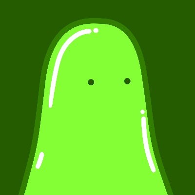 A simple cartoon illustration of a bright green, glossy ghost-like figure with two small black dot eyes against a dark green background.