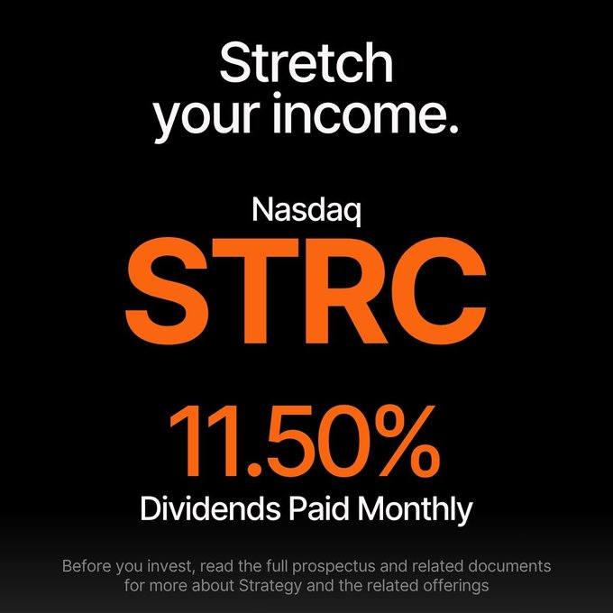 The image features a black background with orange text that reads "Stretch Your Income. NASDAQ STRC 11.5% dividends paid monthly before you invest, read the full prospectus and related documents for more about strategy and the related offers". The words 'STRC' stand out prominently in white text while the phrase 'Before you invest, read the full prospectus and related documents for more about strategy and the related offers' is written in black. It appears to be a promotional piece highlighting how investors can maximize their dividend payments by investing in certain stocks or funds associated with the NASDAQ STRC index.
