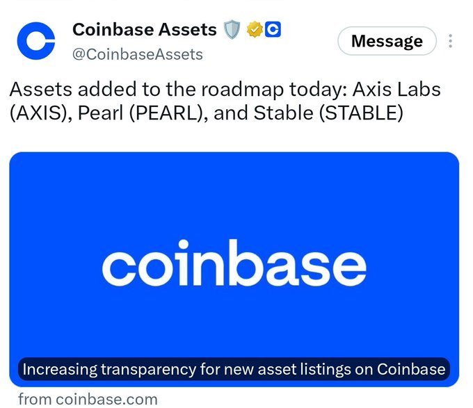 A Coinbase Assets tweet announcing new roadmap additions: Axis Labs (AXIS), Pearl (PEARL), and Stable (STABLE).