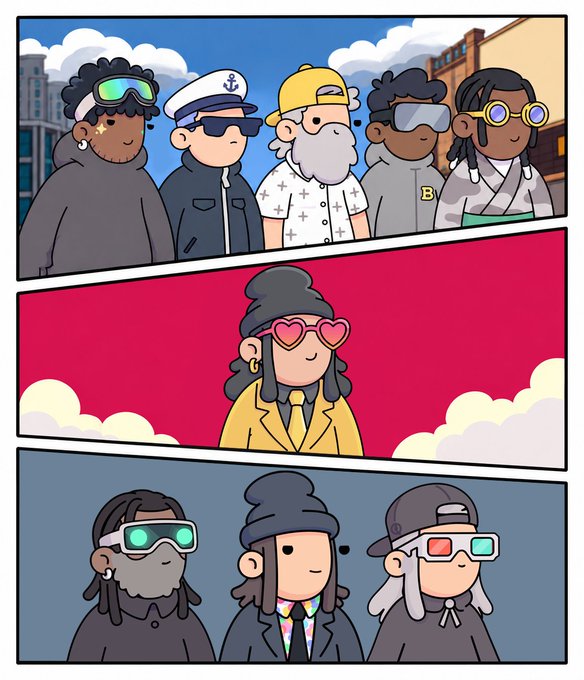 A cartoon comic strip showing various characters wearing different outfits and stylish eyewear in three separate panels.