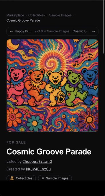 A digital marketplace listing for a colorful psychedelic NFT artwork titled 'Cosmic Groove Parade' featuring rainbow bears dancing, listed by ChopperBrian0 and created by DKJV4E_hzSu.