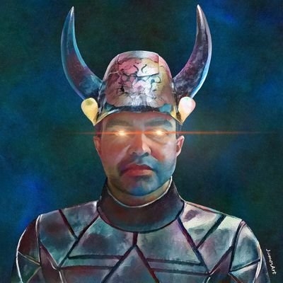 A digital artwork depicting a warrior in a horned helmet with glowing orange eyes, wearing metallic armor against a dark teal background.