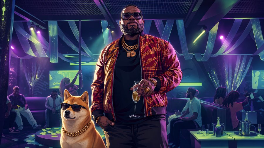 A stylized digital illustration depicts a bearded man in sunglasses and a patterned orange jacket holding a champagne glass next to a Shiba Inu dog wearing sunglasses and a gold chain in a neon-lit nightclub.