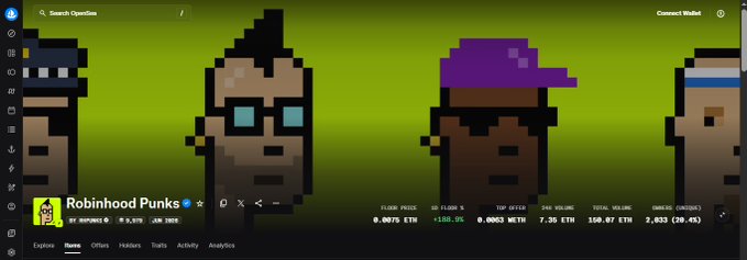 An OpenSea NFT listing for the 'Robinhood Punks' collection shows pixel-art characters with stats like floor price 0.0079 ETH and 2,833 owners.
