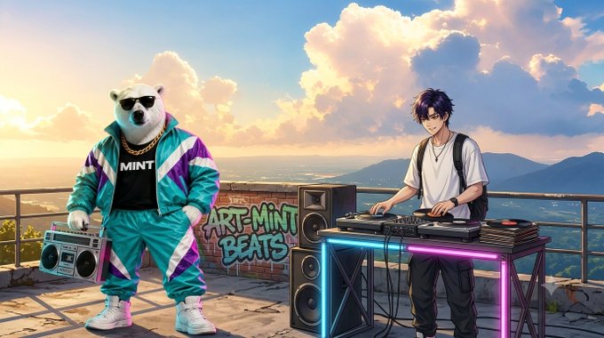 An anime-style illustration showing a polar bear wearing sunglasses and a teal tracksuit with "MINT" on the shirt holding a boombox next to a DJ with purple hair at turntables on a rooftop, with graffiti reading "ART MINT BEATS".