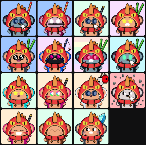 A grid of 15 cartoon monkey avatars wearing red ninja-style hoods with swords, each displaying different facial expressions and accessories like swords, sunglasses, and crystal horns.
