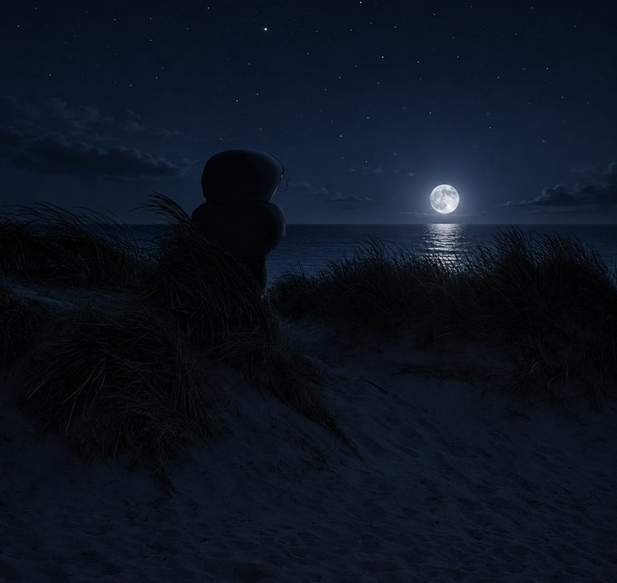A nighttime coastal scene featuring a silhouetted figure or object on a sandy dune covered with beach grass, gazing out at a bright full moon reflecting over a calm ocean under a starry sky.