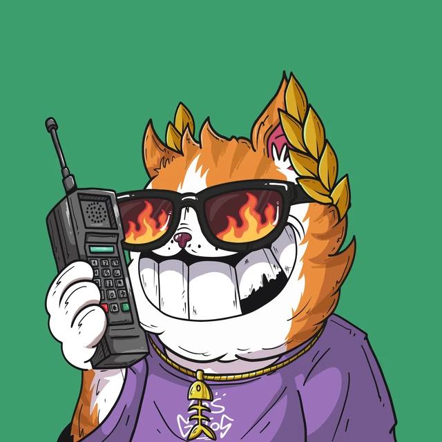 An animated orange and white cat character with a wide grin wears flame-reflecting sunglasses and a gold laurel wreath, holding a large brick-style mobile phone. The fiery lens reflections in the sunglasses visually echo the post's reference to "LOS GATOS," with the bold, flame-eyed mascot representing the fiery "Forever Mint" launch teased in the caption.