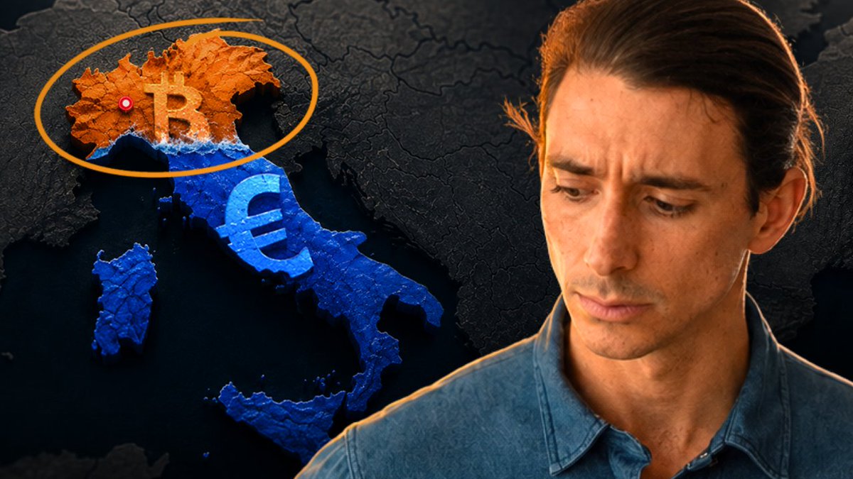 A man with a concerned expression appears next to a map of Italy where Bitcoin (highlighted in orange with a circle) contrasts with the rest of the country colored blue, suggesting a Bitcoin-related story in Italy.