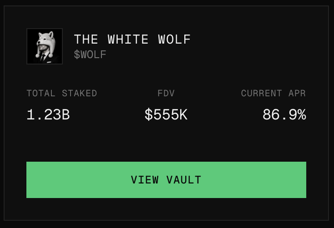 A dashboard for the memecoin '$WOLF' (THE WHITE WOLF) displaying 'TOTAL STAKED' at 1.23B, an FDV of $555K, a current APR of 86.9%, and a 'VIEW VAULT' button.