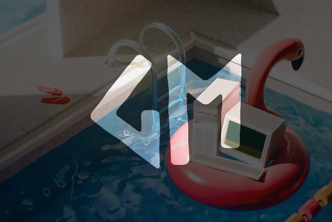 A 3D rendered scene of a laptop and vintage computer floating in a red flamingo pool float in a swimming pool, with a translucent GM logo overlaid on the image.