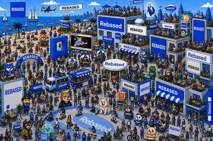 A busy illustrated city scene filled with crowds, mascots, and people wearing blue, with "REBASED" and "Rebased" branding repeated throughout the image on buildings and signs.