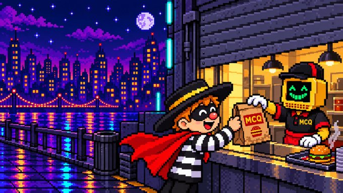 A pixel-art illustration shows a smiling burglar in a black-and-white striped shirt and red cape receiving an MCQ-branded paper bag from a yellow robot at a nighttime fast-food counter.
