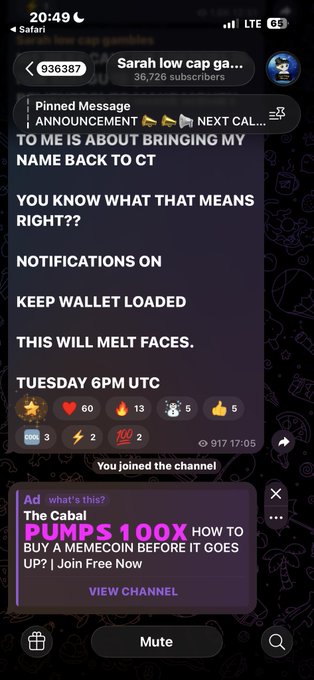 A screenshot of a Telegram channel announcement from 'Sarah low cap ga...' (36,726 subscribers) teasing an upcoming return under the header 'TO HE IS ABOUT BRINGING MY NAME BACK TO CT', scheduled for 'TUESDAY 6PM UTC'.