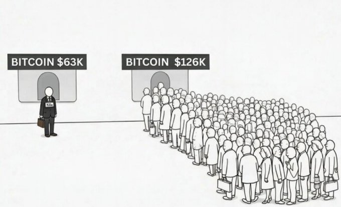 A cartoon illustration depicting Bitcoin at $63K with a lone businessman, versus Bitcoin at $126K with a massive crowd of people lined up, satirizing market FOMO.