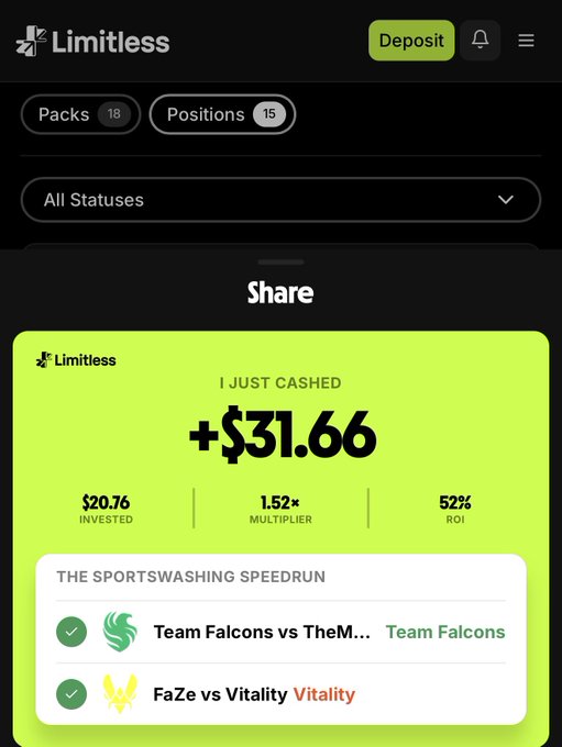 A screenshot of the 'Limitless' app showing a sports betting win notification, displaying 'I JUST CASHED +$31.66' with a 52% ROI from a 'THE SPORTSWASHING SPEEDRUN' pack featuring matches Team Falcons vs TheM... and FaZe vs Vitality.