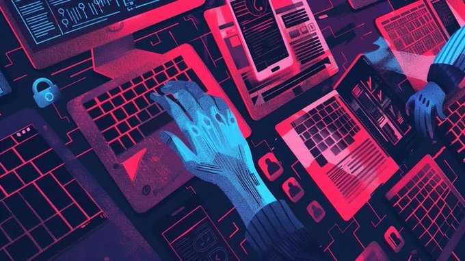 Stylized illustration of hands typing on laptops and smartphones bathed in red and blue neon, symbolizing machine-speed agents executing digital transactions. The image visually reinforces the post's theme of automated value movement and the critical need for trustless dispute adjudication.