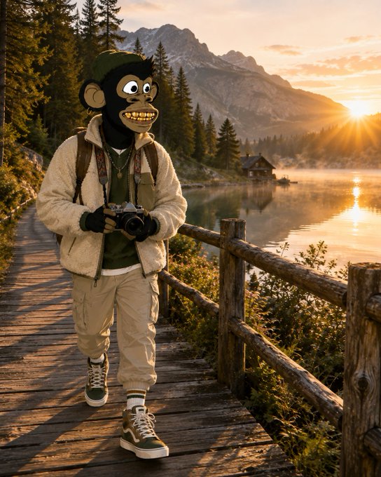 A surreal image of a humanoid monkey character wearing a green beanie, cream fleece jacket, and tan pants, holding a camera while walking along a wooden lakeside path at sunset.