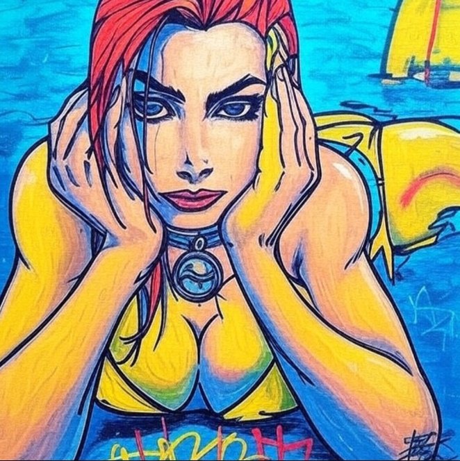 A vibrant, stylized drawing of a woman with red hair and blue eyes, resting her chin on her hands, wearing a yellow top and a choker with a circular pendant, set against a blue and yellow background.